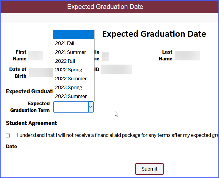 A form under the title 'Expected Graduation Date' with the 'Expected Graduation Term' drop down functionality highlighted.