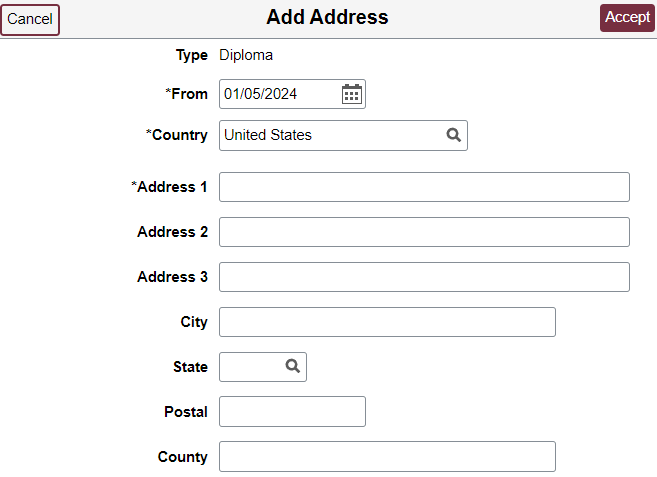 Image of an area which says 'Add Address' with the category of Type showing 'Diploma', the area *From showing the date 01/05/2024, and the area of *Country showing 'United States'. addaddress dialog