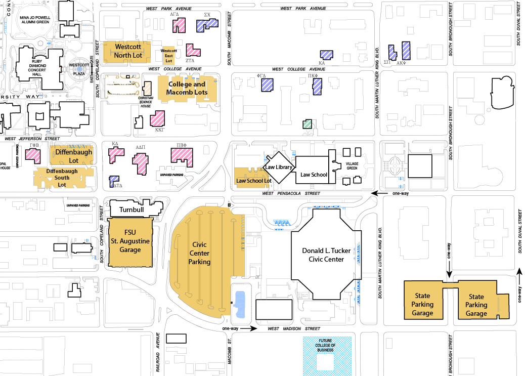 Map of the surrounding area around the Donald L. Tucker Civic Center highlighting the Civic Center Parking, Civic Center-Disabled Parking, State Parking Lots, and Free Parking.