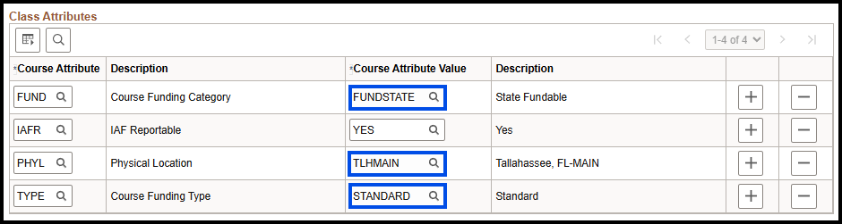 "Class Attributes box with FUNDSTATE, TLHMAIN, and STANDARD Course Attribute values"