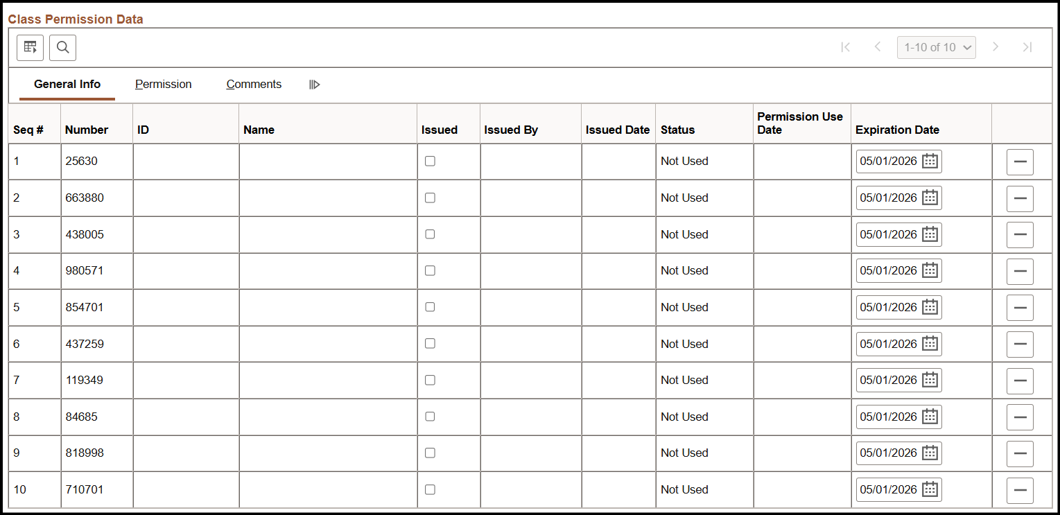 "Class Permission Data-General Info with Number column showing ten five-digit permission numbers"