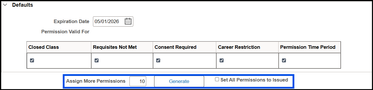"Assign More Permissions field with a value of 10 as an example, with the Generate button to the right"