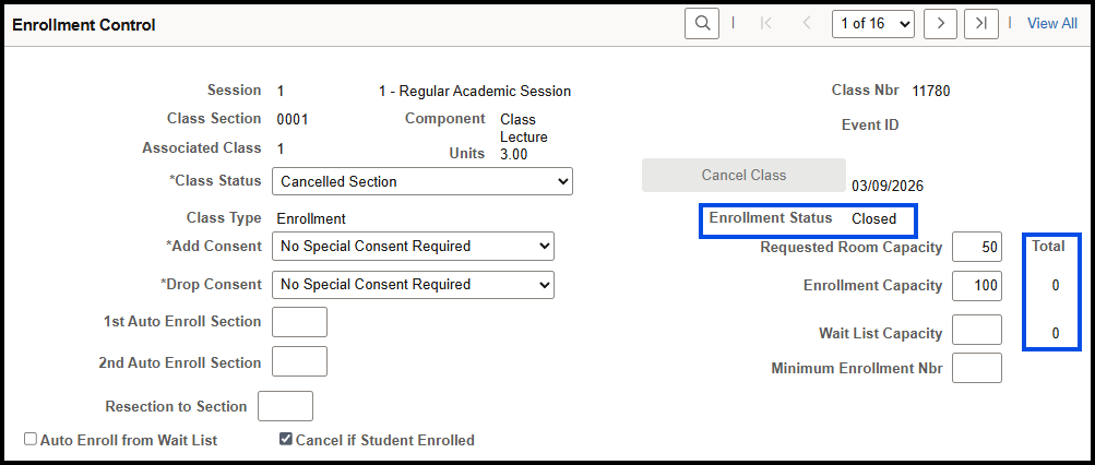 "Enrollment Control with Enrollment Status=Closed and Total column equating to 0"