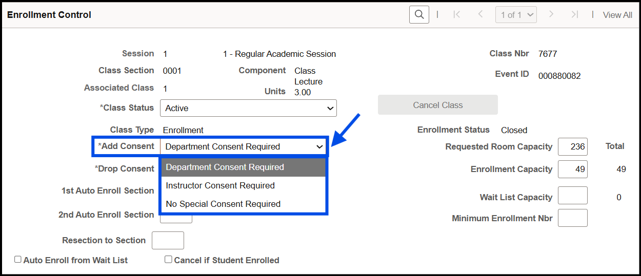 "Enrollment Control menu with Add Consent dropdown menu visible, with the options Department Consent Required, Instructor Consent Required, and No Special Consent Required. Department Consent is selected"