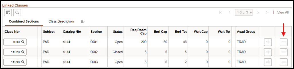 "Linked Classes-Combined Sections Table"