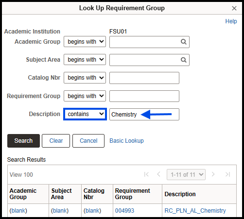 "Look Up Requirement Group Detail-example with Description contains 'Chemistry'"