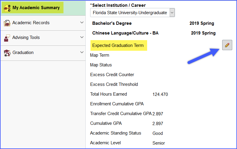 Image of a left navigation menu which says 'My Academics Summary', to the right 'Expected Graduation Term' is highlighted with an arrow pointing towards a pencil icon. Image of a left navigation menu which says 'My Academics Summary', to the right 'Expected Graduation Term' is highlighted with an arrow pointing towards a pencil icon.