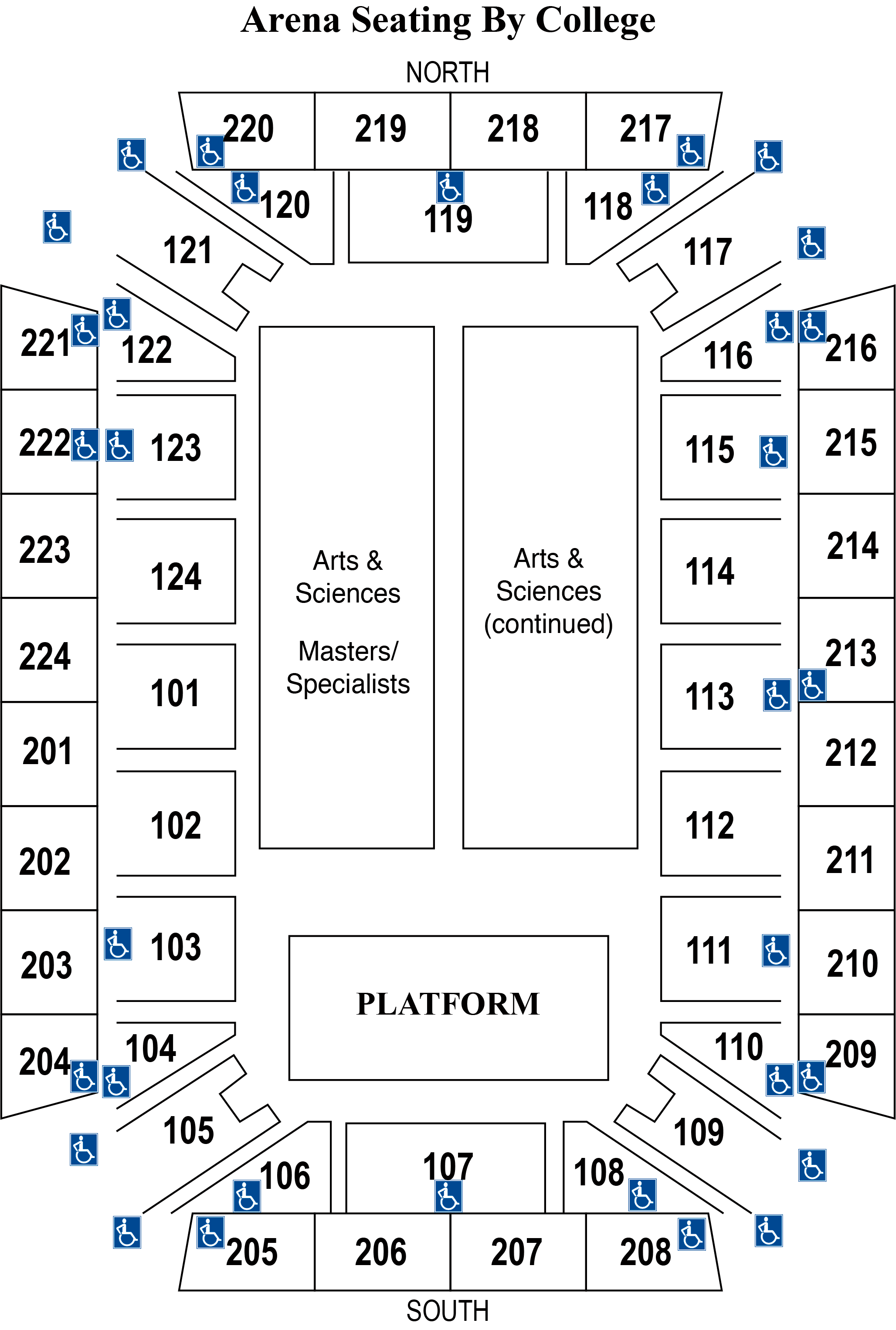 Arena Seating By College: Arts & Sciences, and Masters/Specialists on the left hand side. Arts & Sciences (continued) on the right hand side.