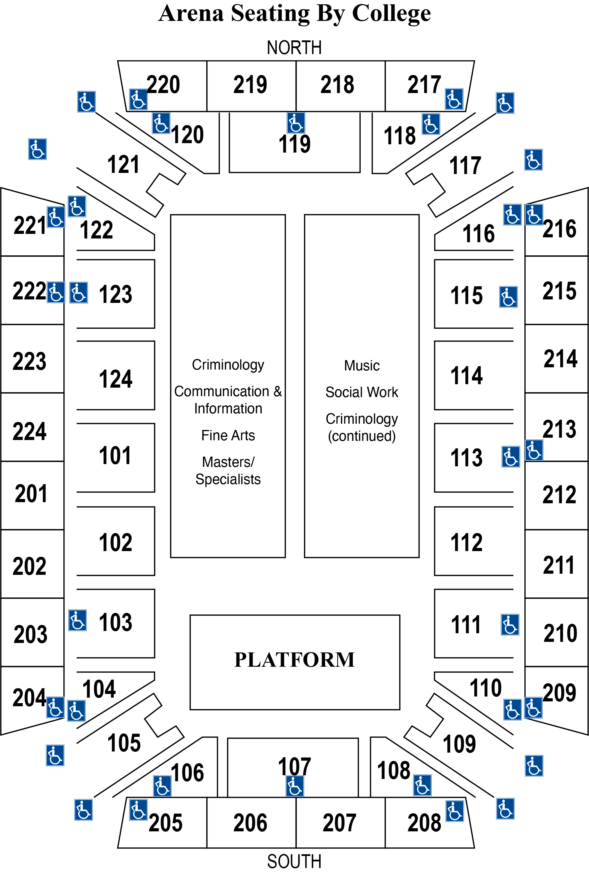 Arena Seating By College: Criminology, Communication & Information, Fine Arts, and Masters/Specialists on the left hand side. Music, Social Work, and Criminology (continued) on the right hand side.